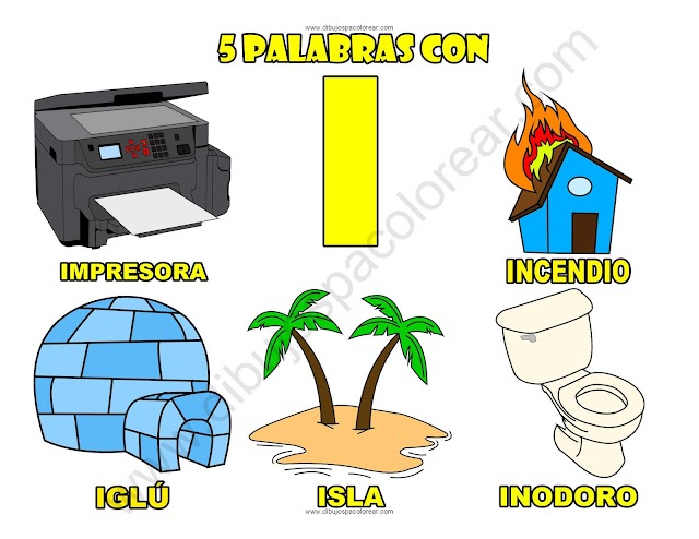 Cinco Palabras con la letra I dibujo a color y para colorear